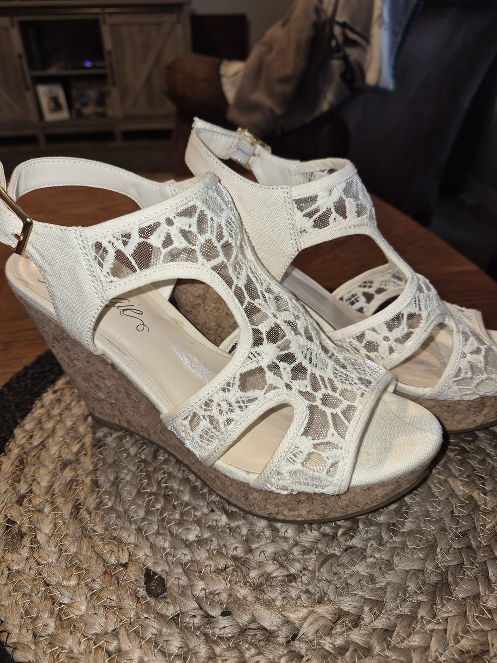 Fergie Cream Lace Cork Wedge Sandals